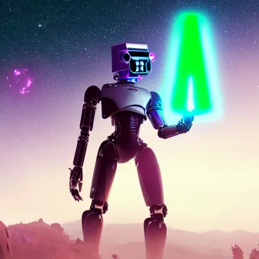 Image similar to humanoid robot in fighting stance wielding lightsaber in front of a violet planet in the sky, unreal engine, featured on cgsociety, trending on artstation, detailed, scifi futuristic character concept, simon stalenhag, movie still, octane render, hubble telescope, violet planet, stars, hyperrealistic, cinematic, by weta digital, epic action pose