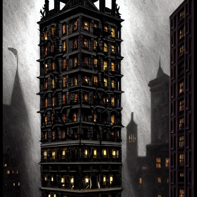 Prompt: spooky 1 5 - storey gothic hotel, boston 1 9 2 5 overlooking a dark street, photorealistic, dark, atmospheric lighting, painted, intricate, ultra detailed by leesha hannigan, thierry doizon, kai carpenter, well composed, best on artstation, cgsociety, epic, stunning, gorgeous, intricate detail, wow, masterpiece