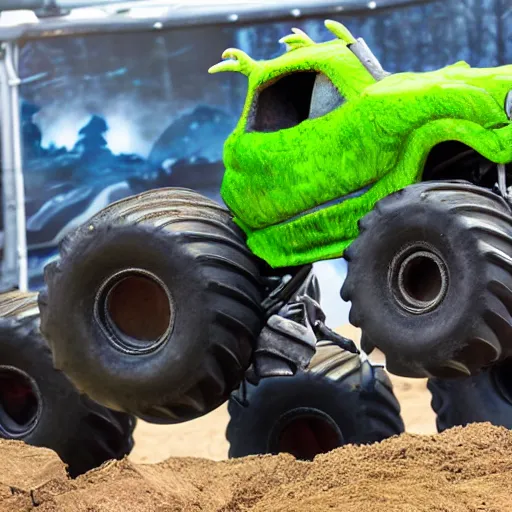 Image similar to shrek has transformed into a monster truck, shrek monster truck, high resolution photo, the shrek monster truck derby