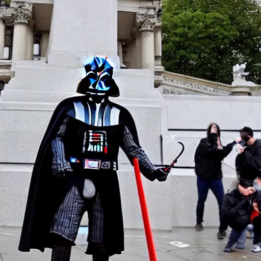 Prompt: darth vader fighting for removing tax on tampons, in trafalgar square