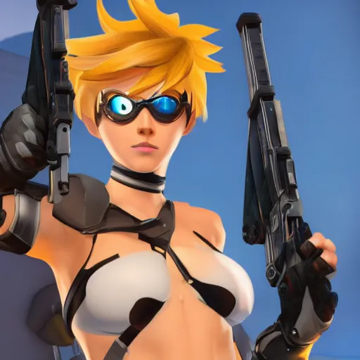 tracer game character, in black bikini, blonde hair