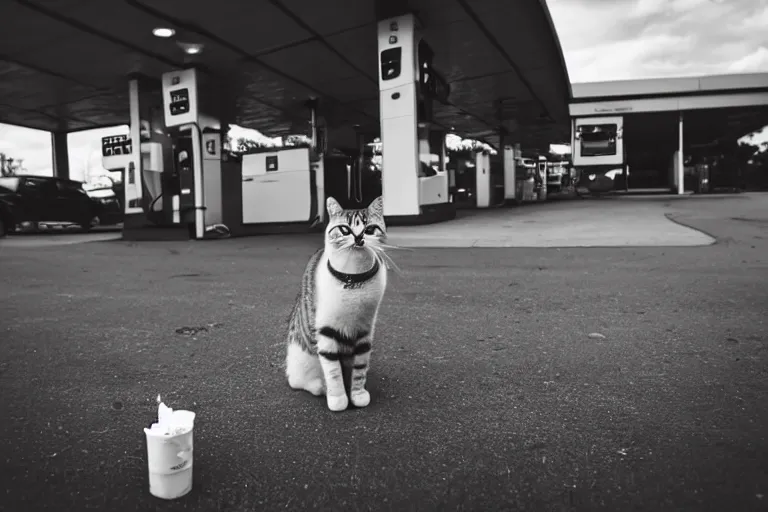 Image similar to cat smoking a cigarette in the gas station wide angle lens