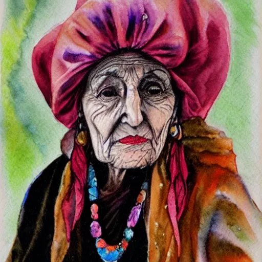 Prompt: Portrait of an old gypsy crone. Fortune teller. Watercolor