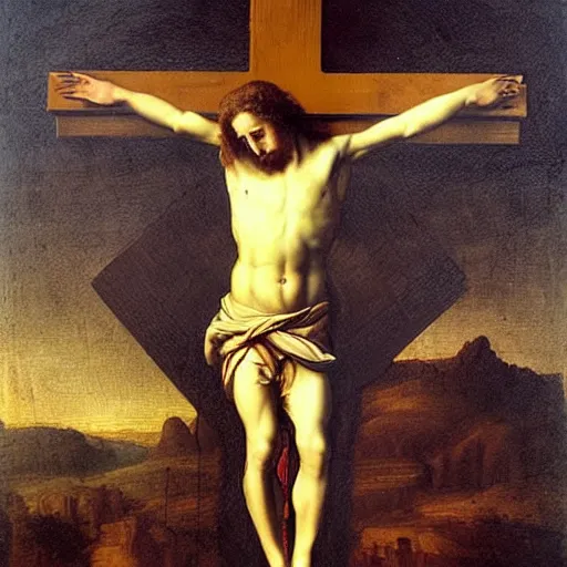 Prompt: Mark zuckerberg on the cross, painting by Leonardo da Vinci