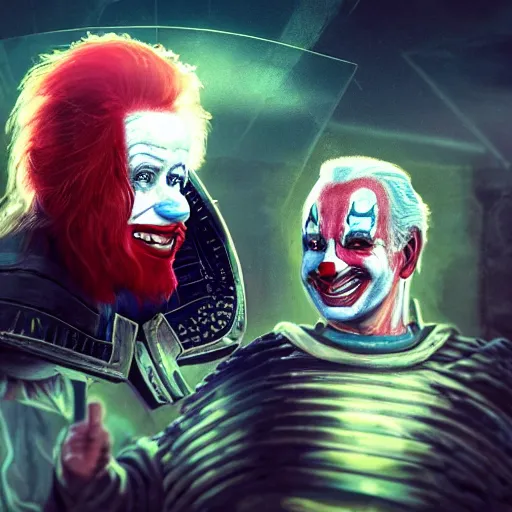 Prompt: a portrait of a biden with clown make up magician in glass armor releasing spell, full height, moving forward, cyberpunk concept art, trending on artstation, highly detailed, intricate, sharp focus, digital art, 8 k