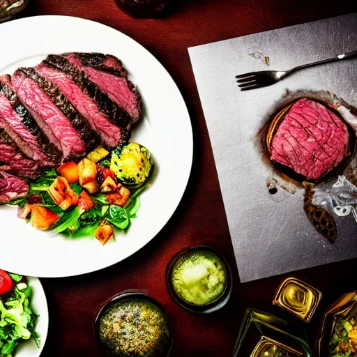 Image similar to photo of a lavish and exquisite dinner, including a large seasoned steak with a salad, with a grilled and a seasoned vegetable medley on the side, mouthwatering, studio advertising photography, f/1.8 32mm HDR