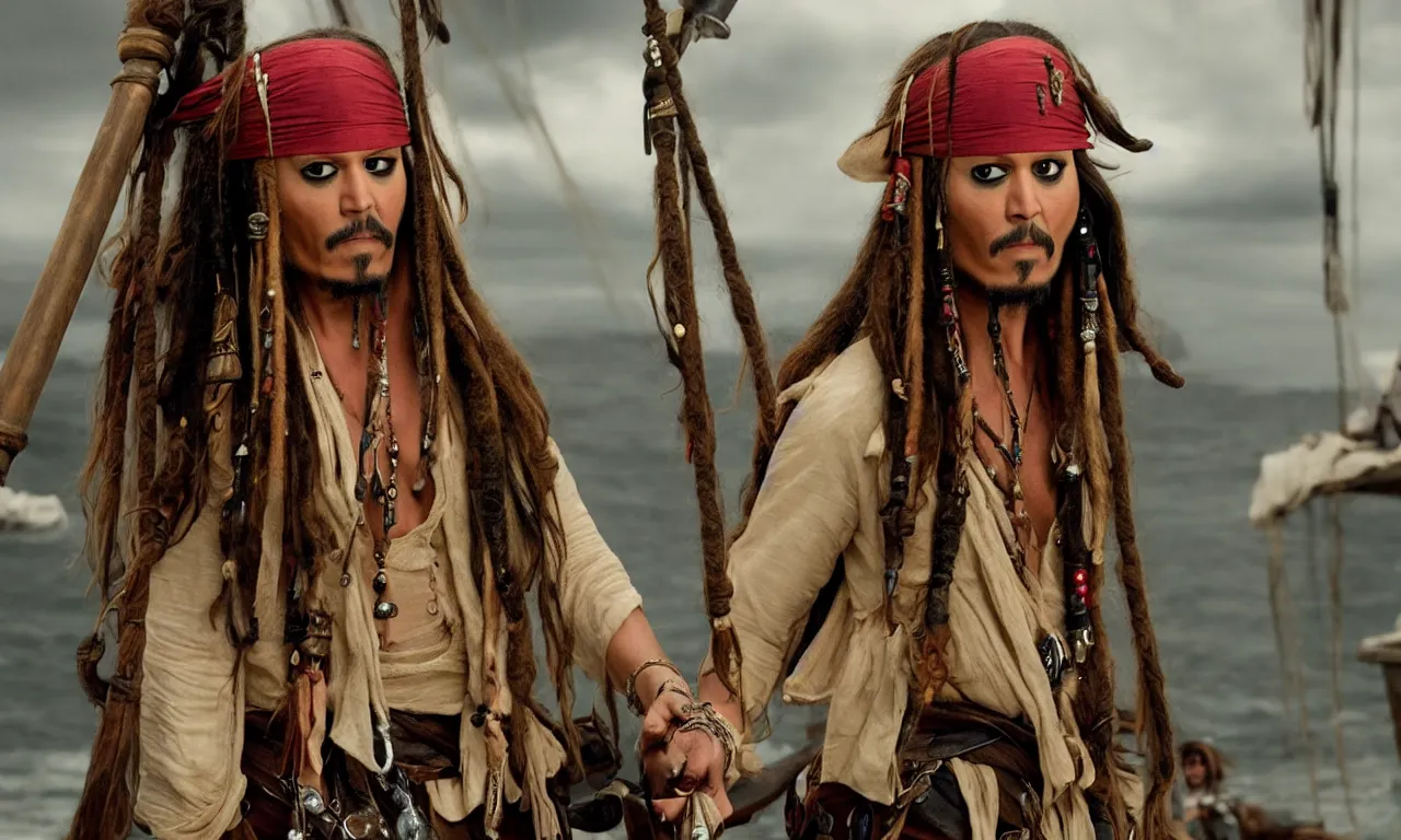 Prompt: Jack Sparrow played by Jennifer Lawrence, movie still, cinematic,