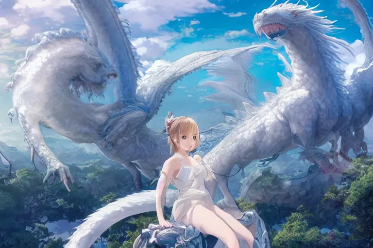 Image similar to the beautiful hyper detailed big scene render that a beautiful girl sitting on the back of a huge silver white dragon alone in fairyland surrounded by white clouds, finely detailed angelic face delicate features, style of studio ghibli, makoto shinkai, artgerm, karol bak, kazuki tanahashi, james jean, ross tran, xision, ultra wide angle