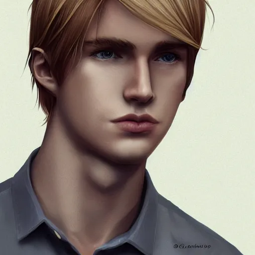 Prompt: a young blond man with long hair wearing a brown shirt, clean shaved, a character portrait by lydia field emmet, trending on cg society, photorealism, wiccan, handsome, ilya kuvshinov