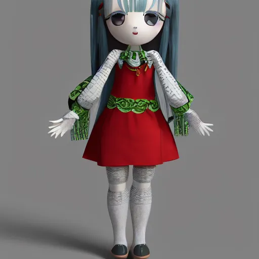 Image similar to cute fumo plush of a girl in a celtic pattern dress, vray, symmetry