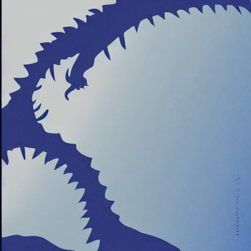 Image similar to a blue water wave in the silhouette shape of Godzilla, cartoon drawing