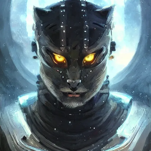 Image similar to Portrait of a humanoid feline man by Greg Rutkowski, hard predatory look, pointed ears, prominent jaw and visible fangs, wearing a futuristic space tactical gear that looks like a mix between the samurai, viking and templar aesthetics, mix between tribal and hi-tech, highly detailed portrait, scifi, space opera, digital painting, artstation, concept art, smooth, sharp foccus ilustration, Artstation HQ