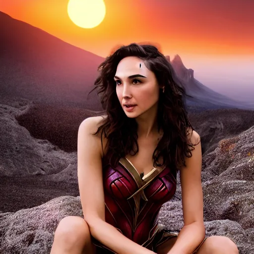 Image similar to Portrait of the beautiful woman Gal Gadot, she is posing, she has a crown of flowers, she is sitting on a rock at the side of a volcano, there is fog, she is getting ulluminated by the rays of the sunset, the photo was taking by Steve McCurry, matte painting, oil painting, naturalism, 4k, 8k