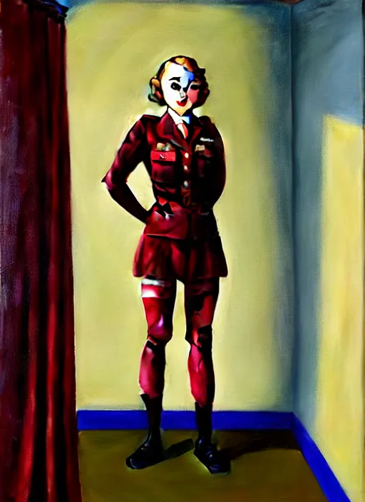 Prompt: oil painting of AnnaSophia Robb, stockings, WWII soldier uniform, frozen stare in a void room of existential maroon horror painted by John Singer Sargant, inspired by paintings of Francis Bacon and Bryan Lee O'Malley and Edward Hopper