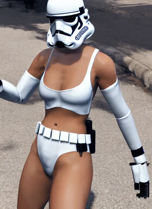 Prompt: female stormtrooper in white bikini gta v, sexy pose, stephen bliss, 8 k, featured in artstation, cinematic, sexy, elegant, intricate