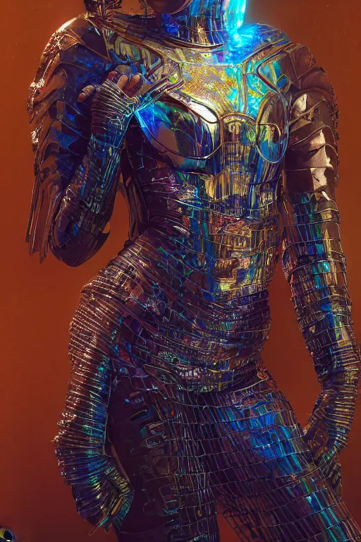 Prompt: Amazonian woman wearing holographic armour, holographic complexity, professional model photography, blue eyes, intricate complexity, scattered diffusion, drum scanner, DSLR, well lit, golden ratio, Kojima, Amano, Charlie Bowater, Greg Hildebrandt, Jean Delville, and Mark Brooks, Neo-Gothic, gothic, rich deep colors, high octane