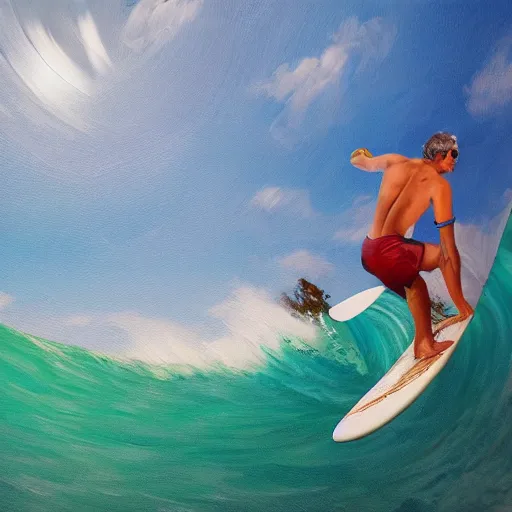 Image similar to a man riding a wave on top of a surfboard, a photorealistic painting by jerry weiss, shutterstock contest winner, naturalism, chillwave, fisheye lens, behance hd