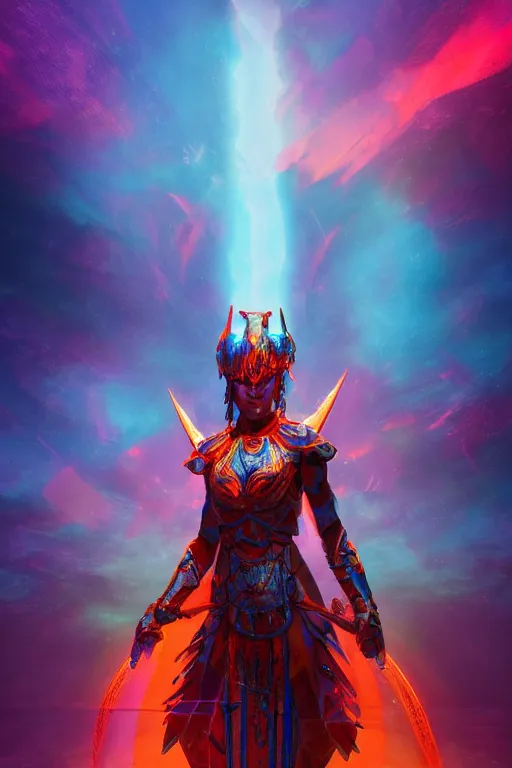 Prompt: warrior woman in glowing azure armor standing in doorway sliced by a iridescent glass cracks shattering the sky , centered, crimson clouds, besinski style , 6 billion demons style, background art deco palace, photorealism, 8k, artstation trending, Ray Tracing, octane renderer, high detail, vollumetric lighting