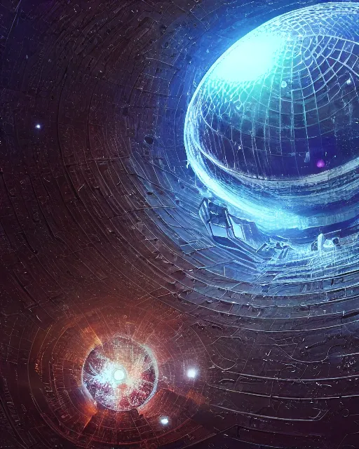 Prompt: photo of a dyson sphere, scifi, complex design, illuminated, masterpiece, massive, unknown technology, space, nebula, stars, atmosphere, hexagonal metal, visible layers, 4 k high definition, artstation, insanely detailed, art by akihiko yoshida, rob mcnaughton