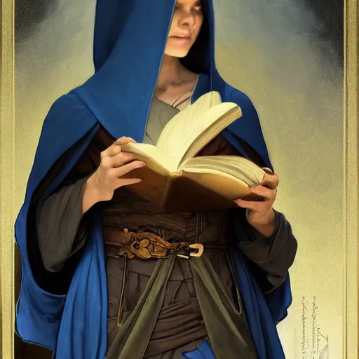 Prompt: portrait of a female wizard with brown hair wearing a blue hood and blue robe exploring a dark and sinister medieval village while holding a book, fantasy, highly detailed, digital painting, artstation, concept art, character art, art by greg rutkowski and tyler jacobson and alphonse mucha