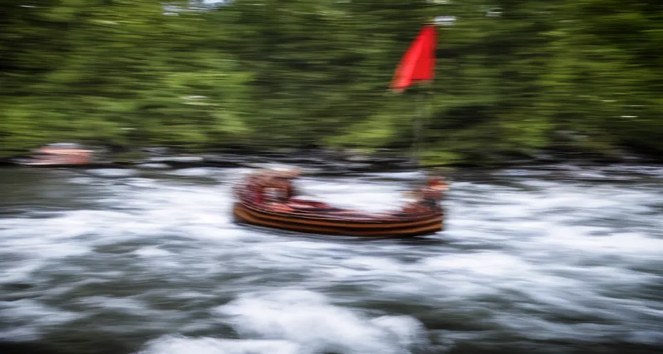 Image similar to fast viking ship sailing down a river, f / 2. 8, motion blur