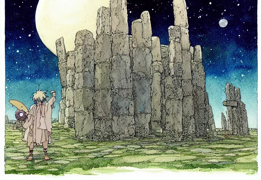 Image similar to a simple watercolor studio ghibli movie still fantasy concept art of a giant shaman from howl's moving castle ( 2 0 0 4 ) towering above stonehenge in the ocean. it is a misty starry night. by rebecca guay, michael kaluta, charles vess