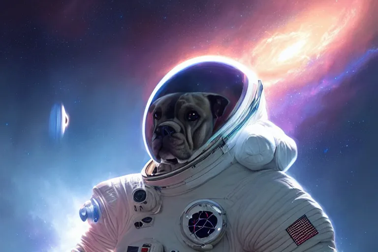 Image similar to portrait of a futuristic bulldog astronaut reflective visor mirror spacesuit reflecting a nebula supernova in space, portrait, intricate, digital painting, artstation, concept art, smooth, sharp focus, illustration, cinematic lighting, art by artgerm and greg rutkowski and alphonse mucha