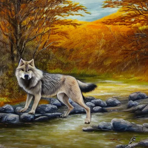 Image similar to A majestic and beautiful wild wolf out by a river with its head down taking a drink from the stream while it's ears are up and alert listening for danger with trees behind it, set in warm spring where it is sunny and windy, award winning, oil painting, 8k