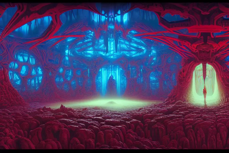 Prompt: the inside of a symmetrical hellish dungeon, matte painting, 4 k, epic composition, volumetric light, abstract illusionism, by william stout, kilian eng, damien hirst, pour paint