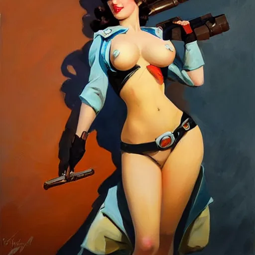 Prompt: greg manchess portrait painting of a sexy beauty from 1 9 4 0's pinup as overwatch's characters, medium shot, asymmetrical, profile picture, organic painting, sunny day, matte painting, bold shapes, hard edges, street art, trending on artstation, by huang guangjian and gil elvgren and sachin teng