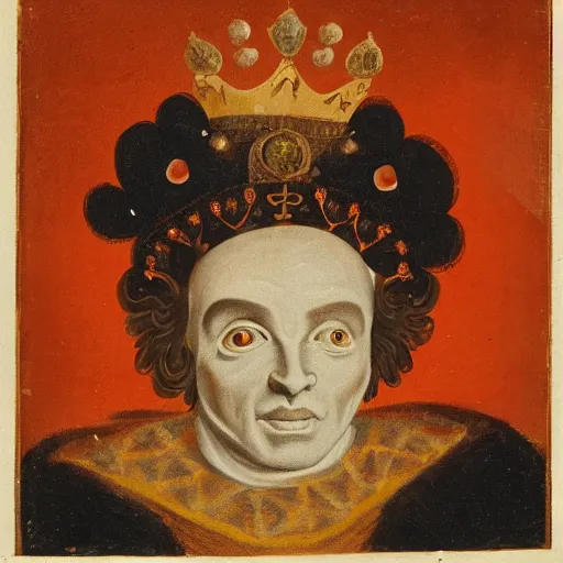 Image similar to close-up portrait of anthropomorphic owl Prince, man with a head of owl, glowing eyes, in a crown wearing long royal robe