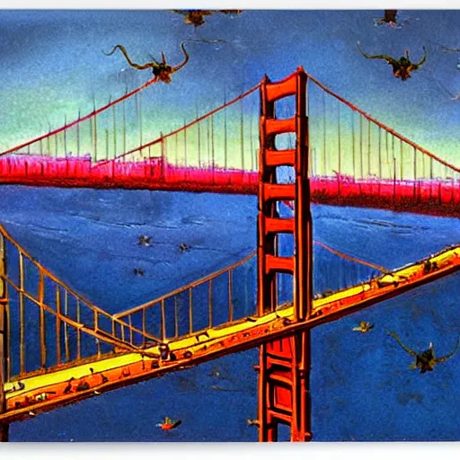 Image similar to a swarm of rabid rats invading the golden gate bridge by basil gogos