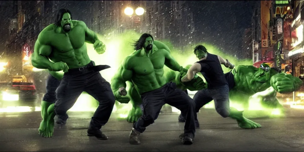 Prompt: A movie frame of John Wick fighting Hulk, marvel cinematic universe