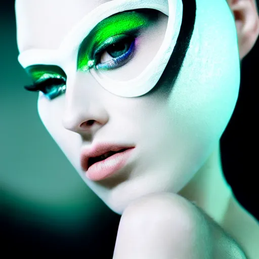 Image similar to high fashion photography of a model in neo futurism white sci - fi makup, transparent cloth, beautifully lit by white neon