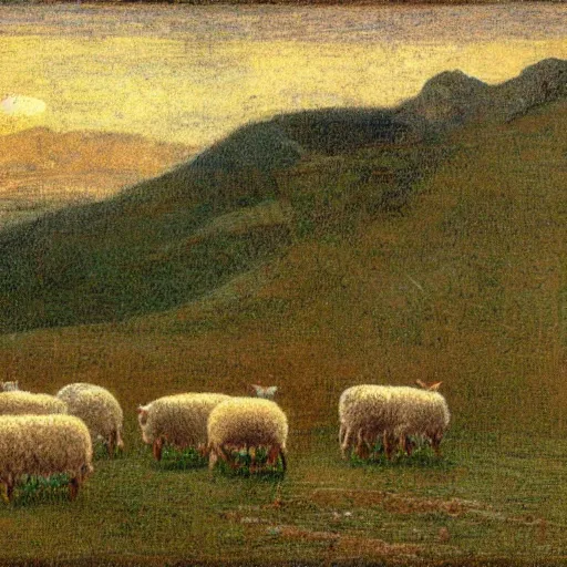 Image similar to a landscape with a sheeps in the style of segantini