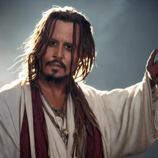 Image similar to stunning awe inspiring johnny depp as the jesus christ, movie still 8 k hdr atmospheric lighting