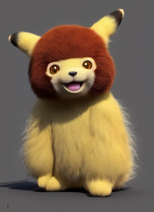 Image similar to high quality 3 d render hyperrealist very cute muted color fluffy! pikachu red panda hybrid highly detailed, vray smooth, in the style of detective pikachu, hannah yata charlie immer, soft indoor light, low angle, uhd 8 k, sharp focus