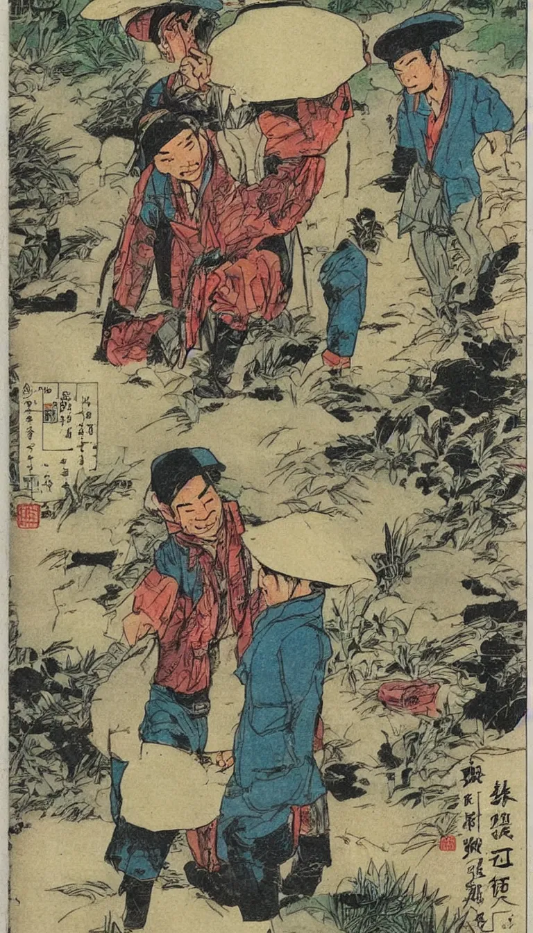 Prompt: comic book page of a chinese farmer with a rice hat