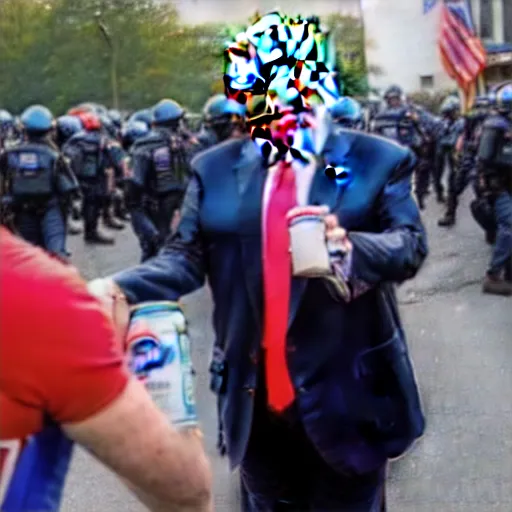Prompt: donald trump handing a can of pepsi to a police officer during a riot - n 9