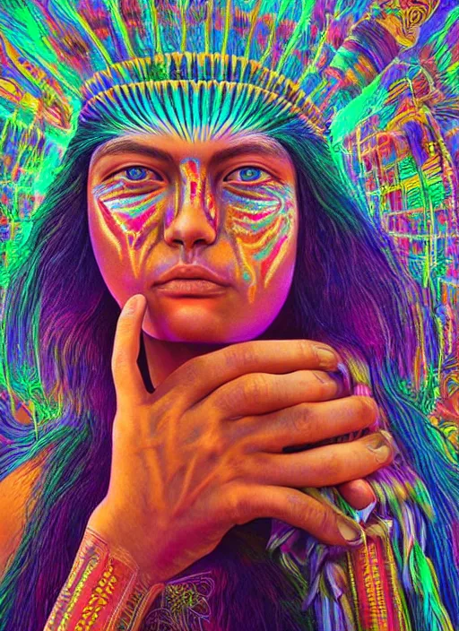 Image similar to portrait ultra dimensional native american woman girl shaman, accidentally tripping on dmt and acid, psychedelic experience, overwhelming psychosis of self realization and burning awakening, ultra high definition, unreal engine 5, hyperrealism, masterpiece composition, by casey weldon, barclay shaw