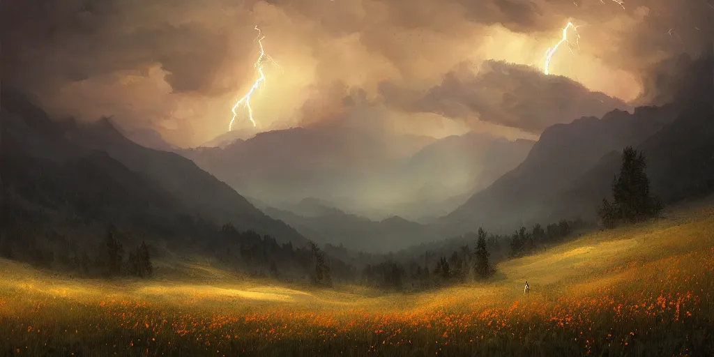 Prompt: a thunderstorm in the mountains, first light, mountains, lightning, meadow, wildflowers, clouds, dramatic lighting, sunrise, by greg rutkowski and jeffrey smith, trending on artstation