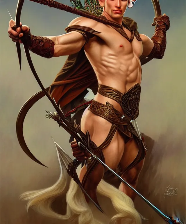 Prompt: a strong powerful fantasy elf man with a bow and arrow, portrait, fantasy, intricate, elegant, highly detailed, digital painting, artstation, concept art, smooth, sharp focus, illustration, art by artgerm and larry elmore and alphonse mucha