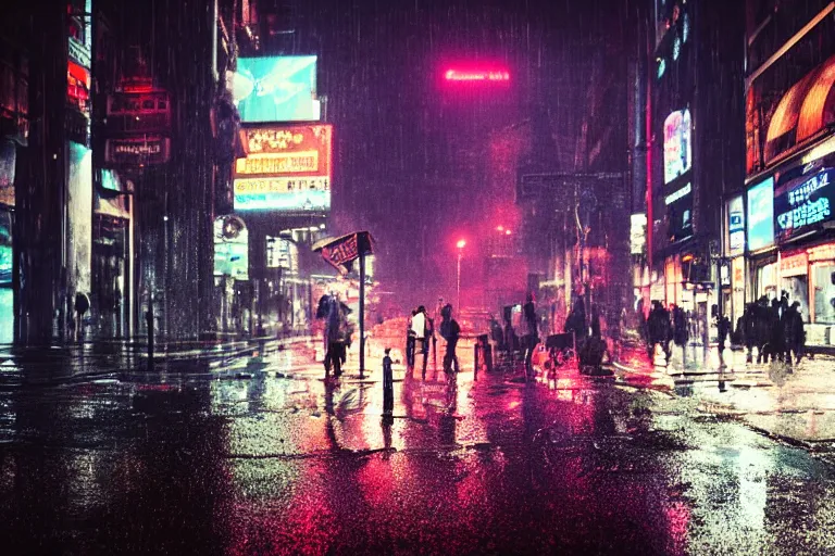 Prompt: driving rain, rainy night city street, traffic headlights, bustling with people, street lights, neon, reflections, cyberpunk vibe, photographic realism, ridley scott, driving rain, thick atmosphere,