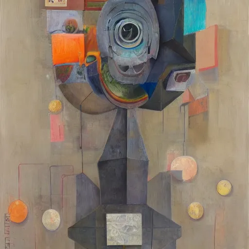 Image similar to a painting by shaun tan of an abstract maximalist sculpture by the caretaker