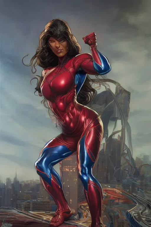 Image similar to muscled Spiderwoman heroine, intricate, elegant, highly detailed, centered, digital painting, artstation, concept art, smooth, sharp focus, illustration, art by artgerm and donato giancola and Joseph Christian Leyendecker, Ross Tran, WLOP