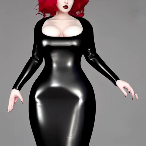 Image similar to a curvy feminine pale goth cutie wearing an elegant elaborate tight latex-nylon-leather black tube gown with red highlights, thin-waist, cgsociety, photorealistic, sublime-comforting ambience, 16k, smooth, sharp focus, trending on ArtStation, volumetric lighting, worksafe