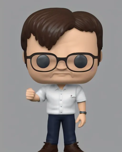 Image similar to full body 3d render of Dwight Schrute as a funko pop, studio lighting, white background, blender, trending on artstation, 8k, highly detailed