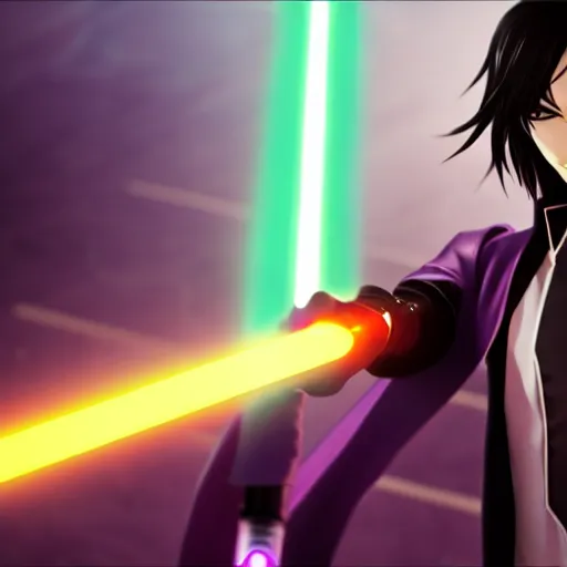 Image similar to Lelouch Lamperouge holding a lightsaber, mysterious man, octane 8k, aesthetic cyberpunk, lightsaber duel, veautiful reflections, octane render, purple lightsaber, fighting stance, beautiful man face