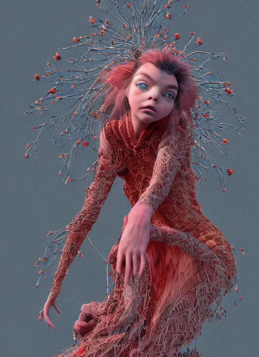 Image similar to hyper detailed 3d render like a Oil painting - very coherent Concrete profile (a beautiful fae princess protective playful expressive acrobatic from dark crystal that looks like Anya Taylor-Joy) seen red carpet photoshoot in UVIVF posing in scaly dress to Eat of the Strangling network of yellowcake aerochrome and milky Fruit and His delicate Hands hold of gossamer polyp blossoms bring iridescent fungal flowers whose spores black the foolish stars by Jacek Yerka, Ilya Kuvshinov, Mariusz Lewandowski, Houdini algorithmic generative render, golen ratio, Abstract brush strokes, Masterpiece, Victor Nizovtsev and James Gilleard, Zdzislaw Beksinski, Tom Whalen, Mark Ryden, Wolfgang Lettl, hints of Yayoi Kasuma and Dr. Seuss, Grant Wood, octane render, 8k