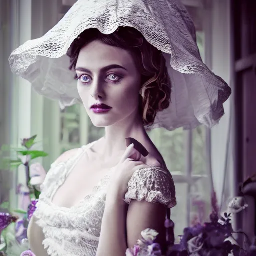 Image similar to big eyes full body fashion model margot robie smokey eyes makeup eye shadow textured film grain fantasy, glow, shimmer as victorian woman in a long white frilly lace dress and a large white hat having tea in a sunroom filled with flowers, roses and lush fern flowers ,intricate, night, highly detailed, dramatic lighting , high quality